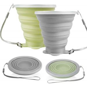 Lot De 2 Gobelet Pliable En Silicone,Tasse Pliable - Avec Couvercle Et Cordon - R&eacute;utilisables Et Respectueux De L'environnement - Pour Camping,Voyage,Pique-Nique (Vert, Gris) - Neuf