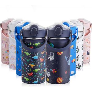 420ml Gourde Enfant Isotherme Avec Paille Bouteille Isotherme Étanche Gourde Bouteille D'eau En Acier Inoxydable Sans Bpa Pour École Sport Maternelle - Neuf