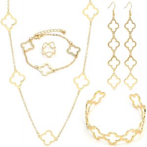 Parure De Bijoux Pour Femme, Ensemble De Bijoux Tr&egrave;fle &Agrave; Quatre, Or Boucles D'oreilles Bracelet Manchette Collier &Agrave; Pendentifs R&eacute;glable Bague, Cadeaux D'anniversaire Jour De No&euml;l - Neuf