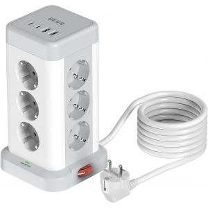 12 Prises Tour Multiprise Parafoudre avec 2 USB-C (15W)+3 USB-A +C&acirc;ble 2M,2500W/10A Prise Multi de avec 2 Interrupteur, Multiprise Electrique Protection Contre Surcharges et Surtensions, Noir - Neuf