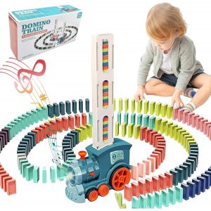 Sansh-Domino Train Pour Enfants,100 Pièces De Dominos Automatiques, Jouets De Construction Et D'empilage,Éducation Précoce,Cadeau De Noël Et D'anniversaire Pour Garçons Et Filles De 3 À 12 Ans (Cyan) - Neuf