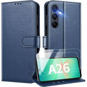 ELVORIX-Coque pour Samsung Galaxy A26 5G Coque Etui Portefeuille Cuir avec 2 Verre Tremp&eacute; Protection &Eacute;cran Porte Carte Rabat Clapet Flip Case &Eacute;tui Cover Housse Etui pour Samsung Galaxy A26 5G,Bleu - Neuf