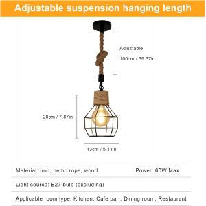 SUBZONAL-Suspension Luminaire Industrielle, Lustre en Bois et Corde, Hautaeur R&eacute;glable, Lampe Suspension Vintage Noir Douille E27 Pour Cuisine, Salon, H&ocirc;tel, Bar, Restaurant - Neuf