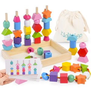 ChenQuanSarl-Jeu De Fil 3 En 1 &Agrave; Partir De 3 Ans, Jouet De Motricit&eacute; De 3 Ans Avec Compartiment De Rangement Et Cartes, Tri En Bois Et Jouets Empilables, Jouet Montessori &Agrave; Partir De 3, 4, 5 Ans - Neuf