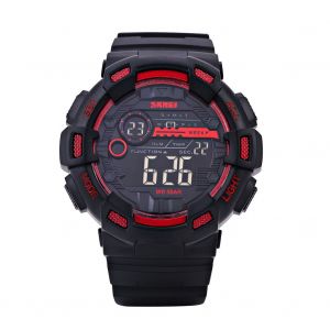 Montre-Bracelet Electronique Numerique A Retroeclairage Led, Ronde, Etanche, Sport (Rouge) - Neuf