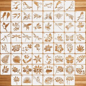 60 Pièces Pochoirs De Peinture Meuble,Pochoirs De Peinture De Oiseau Abeille Papillon Libellule Fleur Feuilles,Modèle De Pochoir Pour Diy Scrapbooking Bois Meubles Mur Maison Décor - Neuf