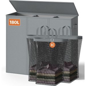 MEVRONISSHOP-Panier &agrave; linge avec roulettes, 180 l, panier &agrave; linge en tissu Oxford, 2 sacs en maille amovibles et cadre en m&eacute;tal avec poign&eacute;e, noir (gris) - Neuf