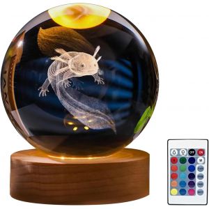 Veilleuse En Forme De Boule De Cristal Avec Support En Bois,Boule De Cristal 3d Axolotl Avec Base Lumineuse Led 16 Couleurs,Télécommande Pour Chambre À Coucher,Décoration D'intérieur (8 Cm) - Neuf