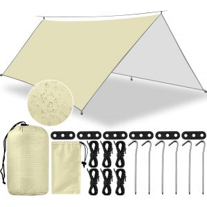 Eryi-3x3m Camping Bâche, Bâche Anti-Pluie, Tarp Bivouac Anti Uv Ripstop, Avec Oeillets+ 6 Piquets En Alu+ 6 Cordes,Léger Portable Pour Extérieur,Bivouac,Randonnée,Trekking,Hamac,Auvent Van Fourgon - Neuf