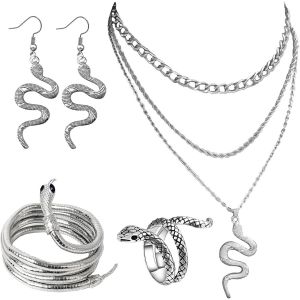 Kahfl-Medusa Serpentine Jewelry Set,Collier Serpent Multicouche,Cha&icirc;ne D'os De Serpent,Boucles D'oreilles Serpent,Bague Serpent R&eacute;glable,Accessoires Halloween Pour Femmes,Cadeaux (4pcs) - Neuf