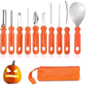 Jexnovashop-10pcs Kit Outils Sculpture De Citrouille D'halloween, Couteaux De Sculpture Professionnels En Acier Inoxydable Robuste Avec Sac Rangement Pour Citrouilles D&eacute;coupe Lanternes Jack-O-Lantern - Neuf