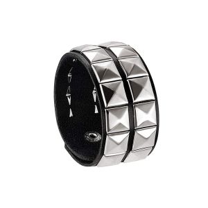 Bracelet Unisexe En Cuir Véritable Noir Avec Clous Pyramidaux Argentés, Style Gothique Punk Glamour Des Années 80 - Neuf