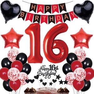 CAUC-Décorations d'anniversaire 16 ans pour garçon et fille - Cadeau pour 16e anniversaire - Bannière Happy Birthday - Rouge et noir - Kit de décoration de 16 ans - Chiffre 16 ballons de fête - Neuf