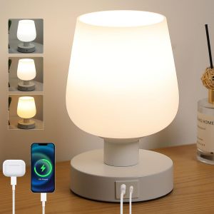 Tzf-Lampe De Chevet Tactile Dimmable Avec Ports Usb A Et Usb C, Intensit&eacute; Variable 3 Voies, Lampe De Table Avec Abat-Jour En Verre Opalin, Luminaire E27 Avec Prise Pour Chambre Ampoule Incluse - Neuf
