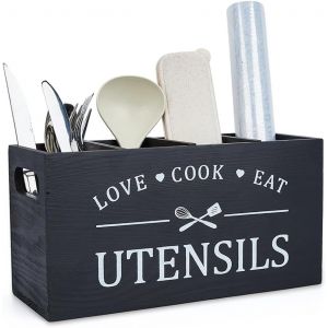 Grand Porte-Ustensiles De Cuisine En Bois &Agrave; 3 Compartiments Pour Ranger Les Couverts Sur Le Plan De Travail Pour Fourchettes Et Cuill&egrave;res - Neuf