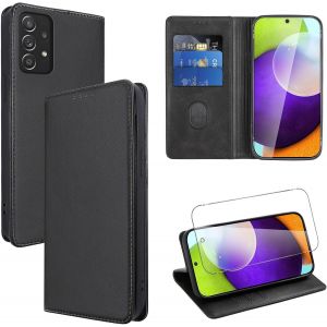Kal-Coque Cuir Pour Samsung Galaxy A52s 5g/A52 4g/5g 6.5"" Avec 1 Verre Trempé Etui À Rabat En Pu Porte-Cartes Portefeuille Support Flip Housse Magnétique Antichoc Anti-Rayure Pour Samsung A52s,Noir - Neuf