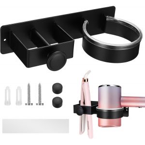 KALANKA-Support Sèche-Cheveux Mural sans Perçage, Porte-Sèche-Cheveux et Lisseur, Fixation Autocollante pour Mur, Support pour Sèche-Cheveux et Fer à Lisser, Aluminium Noir pour Salle de Bain et Hôte - Neuf