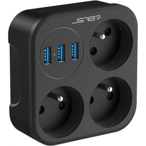 JEXNOVASHOP-Multiprise Murale Electrique Secteur, 6 en 1 Prise Multiple 3 Prises et 3 Ports USB Fran&ccedil;aise 3680W 16A Id&eacute;al pour Domicile, Bureau-Noir - Neuf