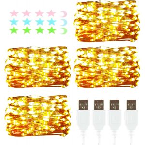 Trahoo-4pcs Led Guirlandes Lumineuses, 20led 2m / 6.56ft Guirlandes Usb Ext&eacute;rieur/Int&eacute;rieur &Eacute;tanches Pour Chambre, Cour, Mariage, No&euml;l, Bricolage, Etc. (Blanc Chaud) - Neuf