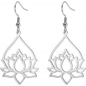 Fleur De Lotus Boucles D'oreilles Pendantes Pour Les Femmes Boucles D'oreilles Avec Charmes De Guérison Yoga Unalome Symbole Amulette Boucles D'oreilles En Acier Inoxydable.[X2348] - Neuf