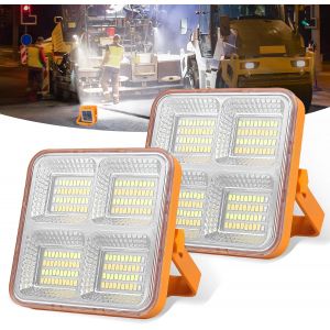 Hdkha-2 Packs 60w Projecteur Led Rechargeable 5 Modes Projecteur Led Chantier 160 Led Lampe Camping Rechargeable Portable Avec Usb/Panneau Solaire Pour Réparation, Camping, Urgence, Ateliers - Neuf