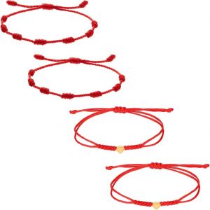 4 Pcs Bracelet Fil Rouge,Amulette Protection Puissante,R&eacute;glable Kabbalah Bracelet Noeud Fil Bracelet,Bracelet Rouge Porte Bonheur Unisexe Pour Femme Et Homme - Pour Couple - Neuf