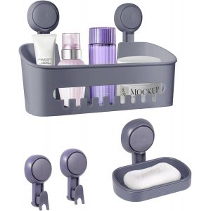 &Eacute;tag&egrave;re Douche 4 Pi&egrave;ces - Panier, Porte-savon et Crochet &agrave; Ventouse Sans Per&ccedil;age - Organisateur de Rangement Auto-adh&eacute;sif - Neuf