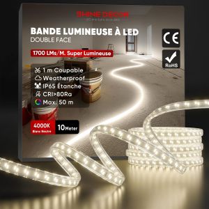 Subzonal-Bande Led 10m, 14w/M, 1700lm/M, 240led/M Ultra Haute Luminosit&eacute;, &Eacute;clairage Des Deux C&ocirc;t&eacute;s, &Eacute;tanche Ip65, Extensible Jusqu'&agrave; 50m Pour La Construction, Le Garage, Le Jardin (Sans Enrouleur) - Neuf