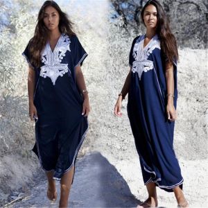 Robe De Plage Brodée En Coton Bleu Marine,Grande Taille,Longue,Cover Up Pour Bikini,Style Européen Et Américain-Marine Bleu-Tous Les Chantiers - Neuf