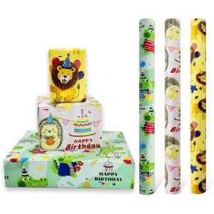 3 Rouleaux De Papier Cadeau D'anniversaire 43 Cm X 3 M, Papier Cadeau Recyclable À Motif Animal Imprimé Avec Lion, Crocodile Et Hérisson Pour Décoration De Cadeau D'anniversaire Pour Enfants Garçon - Neuf