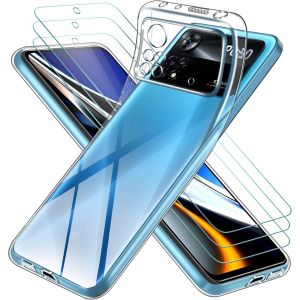 Kal-Clair Coque Pour Xiaomi Poco X4 Pro 5g, Avec 3 Pièces Protection Écran En Verre Trempé, Transparent Étui De Protection En Silicone Antichoc, Mince Souple Tpu Bumper Housse - Neuf
