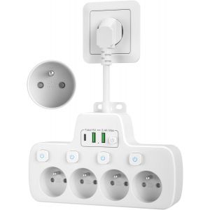Prise Multiple USB,Multiprise Murale 4 Prises Frontales Françaises avec Terre 2P+T,Prise avec Interrupteur Individuel,Multiprise Electriqu Parafoudre Secteur Chargeur USB Câble Court 0,1M,Blanc - Neuf