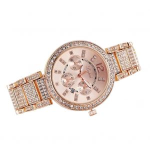 Lvpai Unisexe Alliage Bracelet Boîtier Brillant Strass Décoration Cadran Rond Montre (Or Rose) - Neuf