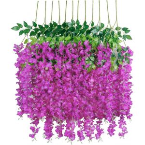 12pcs artificiel fausse glycine vigne guirlande-vertDec 3,6 pi/pièce soie glycine vigne rotin fleur suspendue pour maison jardin mariage décor violet rouge - Neuf