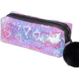 Maa-Sequin Preppy Pencil Case For Girls, Sac À Fermeture Éclair Pelucheuse Pour Stylos, Trousse À Crayons Holographique Étincelante Pour École, Sac De Maquillage Chatoyant(Violet, C?Ur) - Neuf