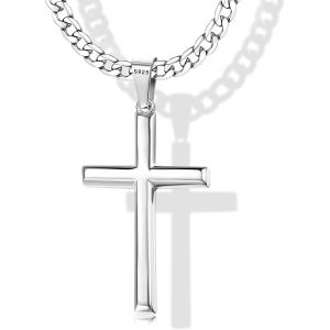 Kal-925 Argent Croix Pendentif Collier Pour Homme Femme 5mm Durable En Acier Inoxydable Diamant Figaro Ou Collier De Cha&icirc;ne Sertie 18k Or Blanc Plaqu&eacute; Or Rose Pendentif Croix Poli Fin Collier Croix - Neuf