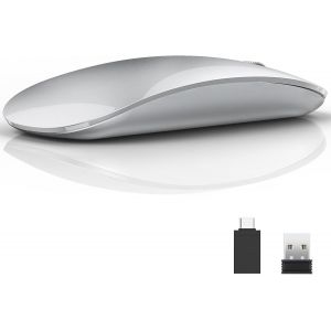 U58 Souris sans Fil Rechargeable, 2.4G silencieuse Wireless Mouse Ultra Portable Souris Optique avec r&iquest;&iquest;cepteur USB Nano et de Type C pour PC/Tablette/Ordinateur Portable, Argent - Neuf