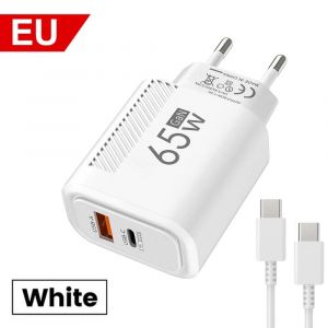 Chargeur Mural Usb C Gan 65w,Charge Rapide,Pour Iphone 16,Xiaomi,Samsung Pd Type C,Adaptateur De T&eacute;l&eacute;phone,Prise Ue/Us--White Eu With Cable - Neuf