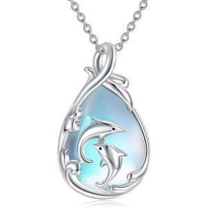 Collier Dauphin En Argent Sterling Dauphin Pierre De Lune Collier Oc&eacute;an Dauphin Vague Pendentif Dauphin Bijoux Cadeaux Pour Femmes Adolescentes Filles Amoureux Dauphin Anniversaire,23.5*14mm, - Neuf