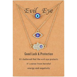 Kal-Colliers Oeil Maléfique Et Hamsa Plaqué Or 18k/Platine - Diamants De Laboratoire Éclatants,Pendentif Main ?il Bleu Turc - Cadeau De Bijoux De Protection Chanceux En 3 Pièces Pour Femme Fille - Neuf
