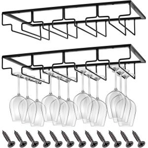 MEVRONISSHOP-2Pièces 4 Rangs Support pour Verre à Vin en Métal,Porte-Verres à Pied Suspendu,Capacité de 8 à 12 Verres par Support,Support Sous Armoire Avec Vis pour Cuisine,Bar et Restaurant - Neuf