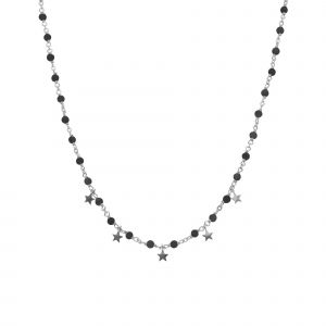 Collier Argent Rhodi&eacute; Pampilles &Eacute;toiles Et Pierres Spinelle Noire - Neuf