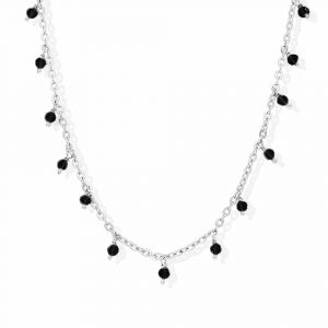 Collier Argent Petites Gouttes Perles Spinelle Noire - Neuf