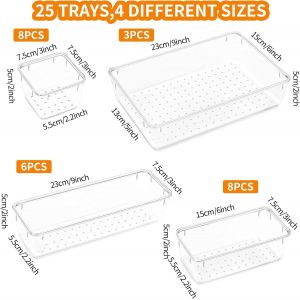 Lot 25 Organisateurs Tiroirs Plastique Transparent Avec 4 Tailles,Bo&icirc;tes Rangement Diviseur Bijoux Cosm&eacute;tiques,Plateaux Papeterie Ustensiles Cuisine,Organisateur Tiroir Pour Salle Bain,Bureau - Neuf
