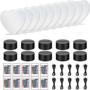 10pcs Base De Lampe Led 3d Avec Panneaux En Acrylique Transparent, Coloré Lumière Avec Télécommande Et Câble Usb, Affichage 16 Couleurs Pour Décoration De Bar, Café, Boutique (C?Ur) - Neuf