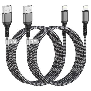 lbgwp60-Cable Iphone 3M Lot De 2 [Certifiés Mfi], Cable Usb Vers Lighting Nylon Cable Iphone Charge Rapide Câble Chargeur Iphone Fil Chargeur Iphone Cordon Iphone Pour Iphone 14/13/12/11/X/8/7, Ipad, - Neuf
