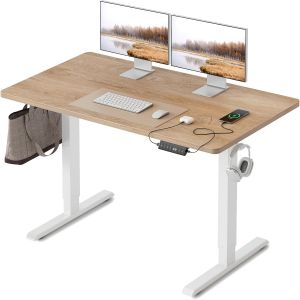 Bureau réglable en Hauteur, Plateau Monobloc, 100 x 60 cm, Bureau Assis Debout avec Ports de Charge USB-A et USB-C, Standing Desk, Chêne - Neuf