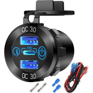 Prise De Chargeur De Voiture En Aluminium Pd 3.0 Type C Et Double Port Usb Quick Charge 3.0 Multiples Prises Usb &Eacute;tanches 12V/24V Avec Interrupteur Tactile Pour Voiture, Bateau, Marine, Moto, Etc. - Neuf