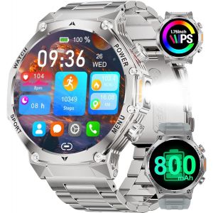 Montre Connect&eacute;e Homme Lampe De Poche Led Avec 800 Mah Grande Batterie 1,73&iquest; Hd Bluetooth Appels Smartwatch Homme Pour Ios Android,Fr&eacute;quence Cardiaque/Moniteur De Sommeil,100+ Sport,Argent&eacute; - Neuf
