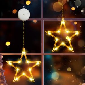 KAL-Lot De 2 Guirlandes Lumineuses À Led - Étoiles - 10 Led - Blanc Chaud - Fonctionne Avec Piles - Avec Ventouses - Pour Décoration De Noël, Fenêtre, Chambre, Balcon, Fête, Mariage - Neuf
